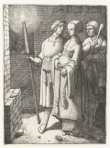 Jeune homme avec une torche, une femme et un bouffon - Lucas van Leyden