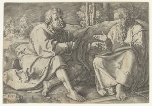 Paul et Pierre assis dans un paysage - Lucas van Leyden