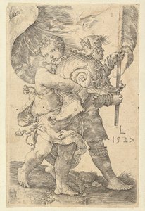 Deux garçons avec un casque et une bannière, 1527 - Lucas van Leyden