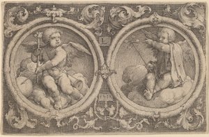 Deux cupidons assis sur des nuages dans deux cercles - Lucas van Leyden