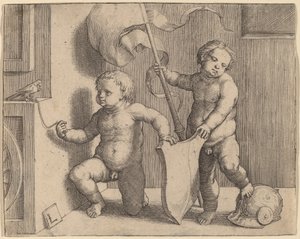 Deux enfants nus soutenant un bouclier vierge