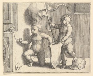 Deux Enfants Nus Soutenant un Écu Vide