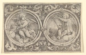 Deux putti assis dans des nuages en cercles avec des vrilles, 1517 - Lucas van Leyden