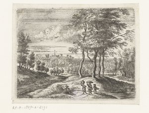 Paysage forestier avec deux femmes et un garçon avec un panier - Lucas van Uden