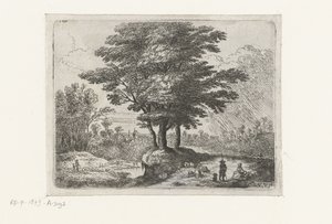 Trois arbres, un berger avec des moutons et un chien - Lucas van Uden