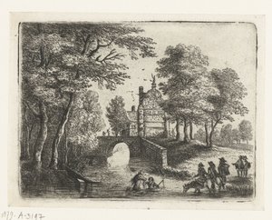 Paysage avec une rivière, un pont et des cavaliers Petits paysages (titre de la série) - Lucas van Uden