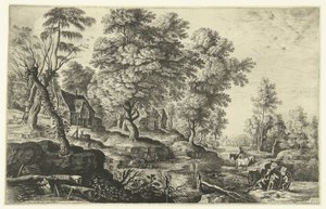 Paysage avec hommes poussant une charrette - Lucas van Uden