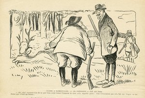 Illustration dans Le Rire, 05/12/08 - Chasse à Rambouillet - Nature Végétation, Chasse chasseur, Président de la République, Rambouillet - Clemenceau Georges, Fallières Armand (1841-1931), Cerf
