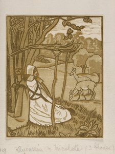 Filles assises sous un arbre avec un cerf, gravure sur bois de Lucien Pissarro