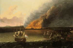 Paysage marin avec un incendie au loin, 1667