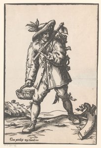 Paysanne avec une houe, un panier et une poule