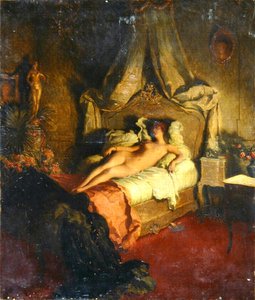 Nu sur un lit rouge