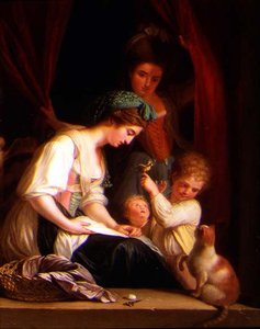 Une mère et ses enfants avec une nourrice derrière