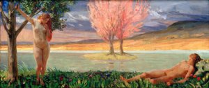Adam et Ève dans un paysage paradisiaque