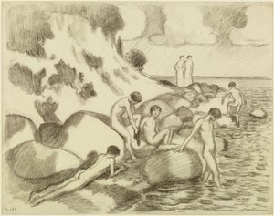 Des garçons se baignant sur la plage, avec deux femmes en arrière-plan - Ludwig von Hofmann