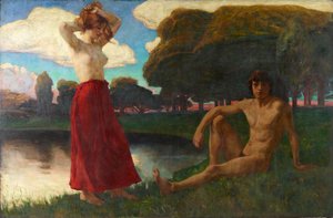 Idylle (Demi-nu masculin et féminin dans le paysage)