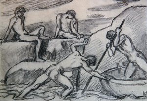 Nudiste et jeunes sur une rive verte