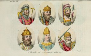 1. Rurik 2. Igor de Kiev 3. Olga 4. Sviatoslav 5. Vladimir le Grand 14. Ivan IV de Il costume antico par Giulio Ferrario, 1831