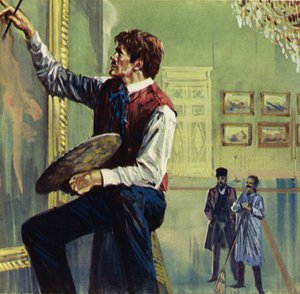 Delacroix travaillant sur sa toile au Salon de Paris (lithographie couleur)