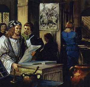 Durer se rend à Bâle et devient xylographe (graveur sur bois) (lithographie en couleurs).