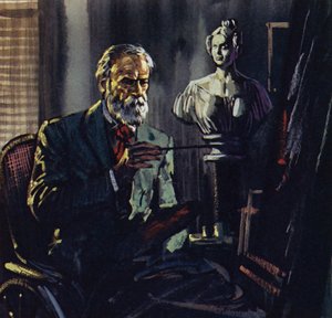 Renoir est cloué sur une chaise de bain par des rhumatismes (lithographie couleur)