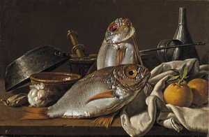 Nature morte avec dorade, oranges, ail et ustensiles de cuisine