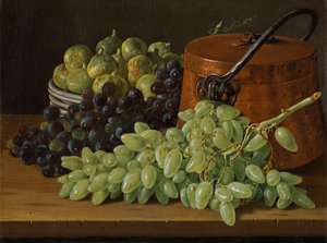 Nature morte avec raisins, figues et bouilloire en cuivre