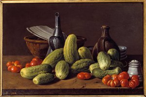 Nature morte : concombres, tomates et récipients