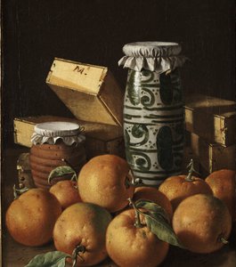 Nature morte avec oranges, pots et boîtes de bonbons