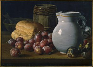 Nature morte avec prunes, figues, pain, petit tonneau, cruche et autres récipients - Luis Meléndez