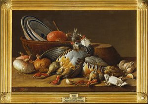 Nature morte avec deux perdrix, oignons et ustensiles de cuisine ... (peinture sur toile)