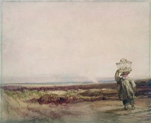 Un garçon portant un panier sur la tête, dans un paysage de lande - Luke Clennell