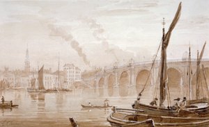 Vue du pont de Blackfriars depuis la rive du Surrey, avec des bateaux au premier plan, Londres, vers 1825