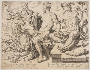 Naphtali avec un cerf et une statue brisée de Mercure, de la série Les Douze Patriarches, gravure de Dirk Volkertsz Coornhert