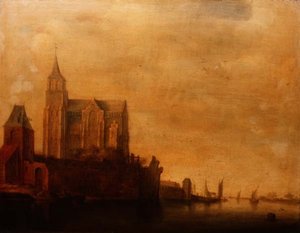 Groote Kerk avec vue sur la tour principale, Emmerich dans un paysage fluvial avec bateaux à voile - Maerten Fransz van der Hulst
