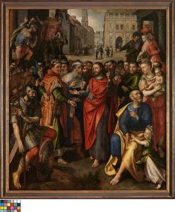 Néerlandais : Le jeton de péage (Matthieu 17:24-27 ; à gauche), le jeton de cinéma (Luc 20:21-26 ; au centre), la parabole de la veuve pauvre (Marc 21:41-44 ; à droite) (Retable de la Guilde des Monnayeurs).