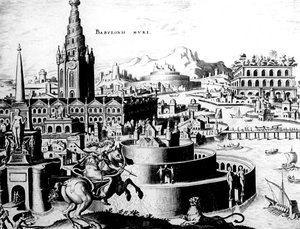Les murs de Babylone, planche 7 des Huit Merveilles du Monde, gravure de Philips Galle