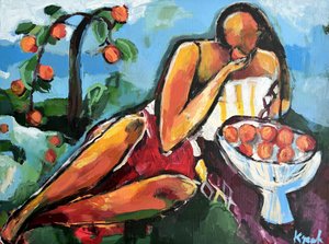 Femme allongée, couleur abricot