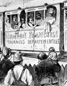 La troupe de la Comédie Française en tournée en France dans un train spécial, fait une halte pour donner aux villageois un aperçu du théâtre, 2e moitié du 19e siècle