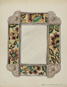 Miroir, encadré de panneaux de papier peint, bordé d