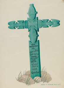 Croix en bois sculptée, utilisée comme pierre tombale, vers 1937