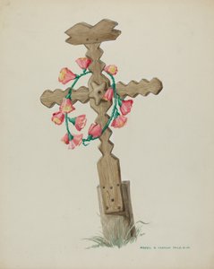 Croix en bois utilisée comme pierre tombale faite à la main, vers 1937