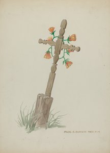 Croix en bois utilisée comme pierre tombale, vers 1937