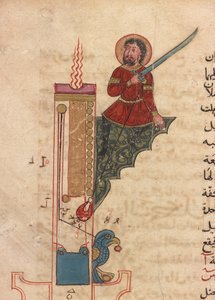 Une horloge à bougie, folio du Kitab fi ma`arifat al-hiyal al-handisaya (Le livre de la connaissance des dispositifs mécaniques ingénieux) Automates par al-Jazari (d. 1206)