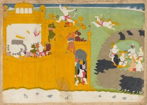 Le chef des singes Angada vole la couronne de Ravana de sa forteresse, vers 1725