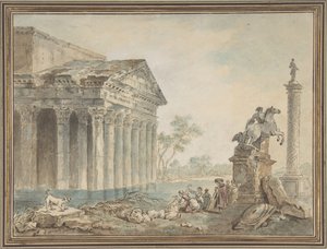 Caprice architectural avec monuments romains et lavandières, n.d. - Manner of Hubert Robert