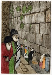 Juifs devant le Mur des Lamentations, seul vestige du Temple de Jérusalem construit par le roi Salomon en -950. Gravure par Manuel Orazi (1860-1934), dans « L