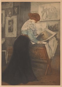 Femme devant un présentoir à gravures - Manuel Robbe