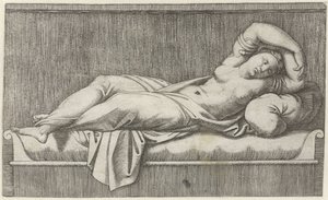 Cléopâtre à moitié nue allongée sur un lit - Marcantonio Raimondi