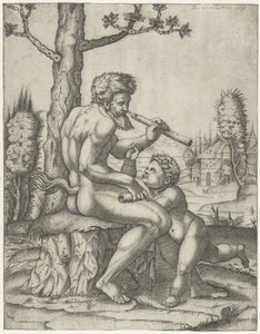 Faune avec flûte jouant avec un enfant - Marcantonio Raimondi